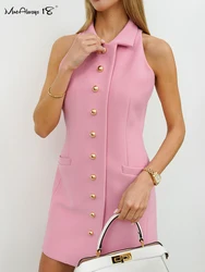 Mnealways18 Hot Pink Dresses Woman Office Pearl Shirt Tank Dress Ladies Lapel Pockets Straight Dress 2024 Black Sleeveless Dress