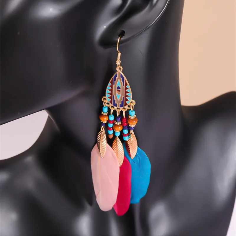 Kymyad Vintage Ethnic Women's Earrings Colorful Feather Tassel Pendant Drop Long Earrings Fashion Jewelry