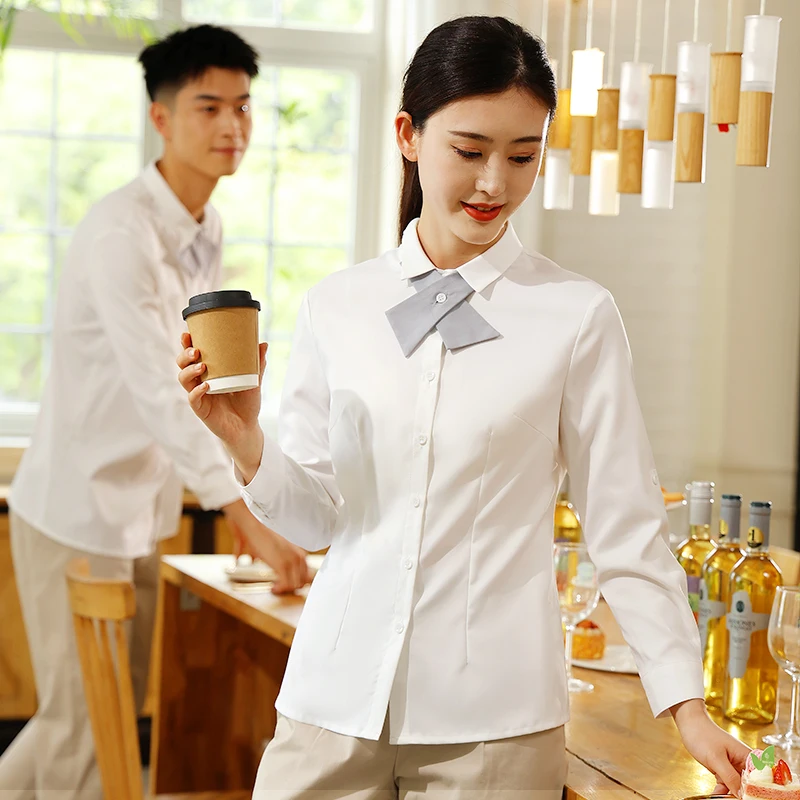 

Western Restaurant Waiter Clothing Catering Front Desk Staffs Uniform Dessert Shop Waitress Long Sleeve White Shirt+Apron Set