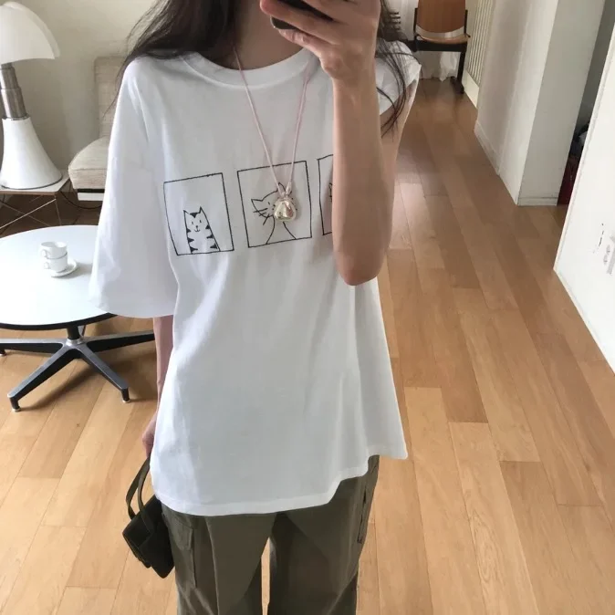 

White Classic Korean Style Casual Cartoon Printed Short-Sleeves Aesthetic Retro Loose Summer New T-Shirts Solid T-Shirts