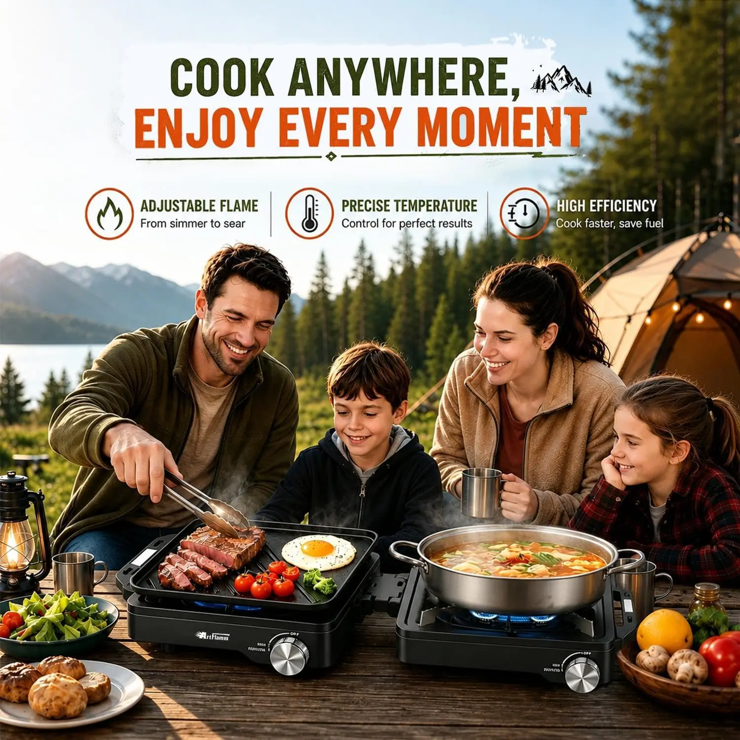29000 BTU 2 Burner Camping Stove with Windshield, Propane Camp Stove, Portable Folding Gas Stove, Camping Essentials Gear Includ