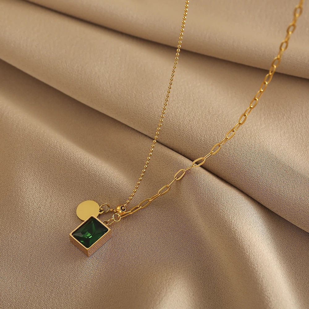 316L Fashion Green Square Pendant  for Women Luxury Gold Stainless Steel Necklace Girls Elegant Clavicle Chain Jewelry