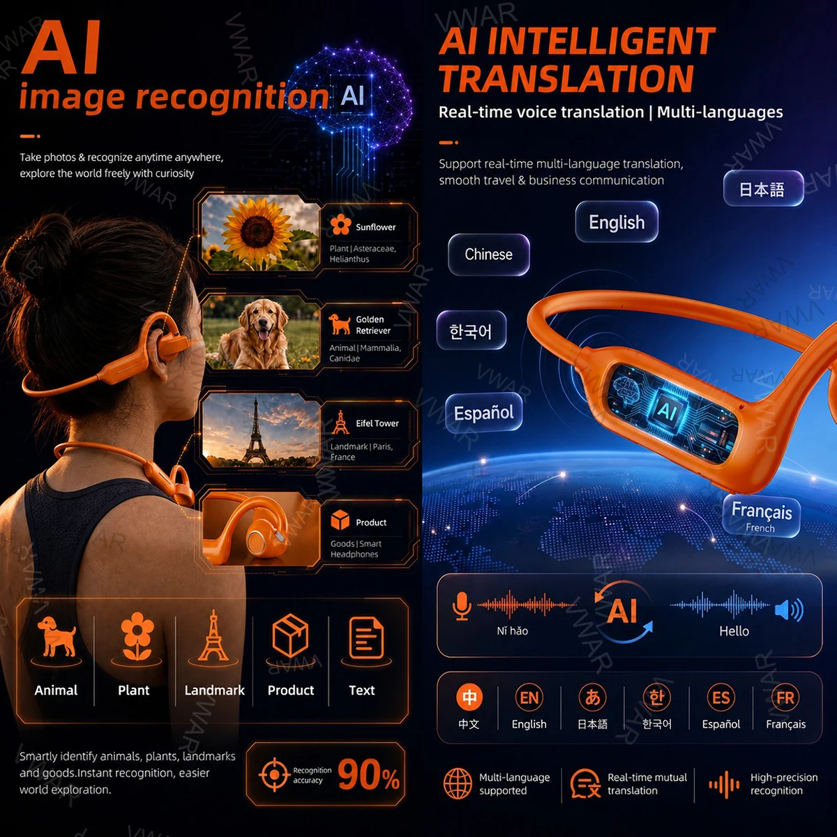 2026New 800W Pixel Camera Smart Earphones Men Video Recording AI Photo Recognition Bluetooth Call Voice Translation Headphones view 6
