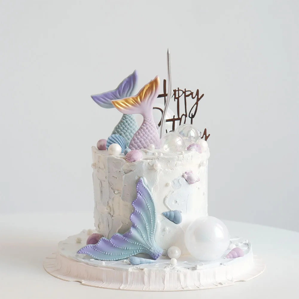 Tortenaufsatz mit Ozeanmotiv, blau, rosa, lila, Meerjungfrauenschwanz, weicher Silikonaufsatz für Kinder, 1. Geburtstag, Baby-Taufe, Party-Kuchendekorationen – Detail 3