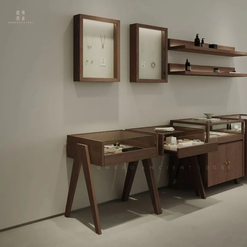 Retro style jewelry glass display cabinet log color ornament counter watch glasses Zhongdao cabinet jewelry collection display
