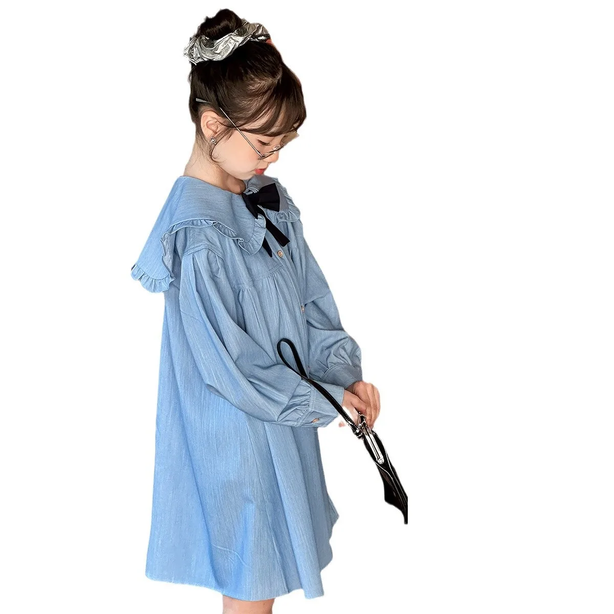 الكورية الخريف الاطفال الفتيات فستان Bowknot بيتر بان طوق المراهقات فستان من قطعة واحدة واحدة الصدر الأطفال الفتيات فستان #5