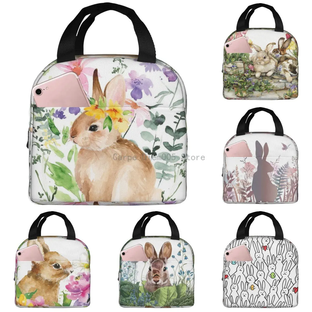 Cute Watercolor Rabbit Insulated Lunch Bag for School Office Nursing Portable Thermal Cooler Lunch Box Women Men