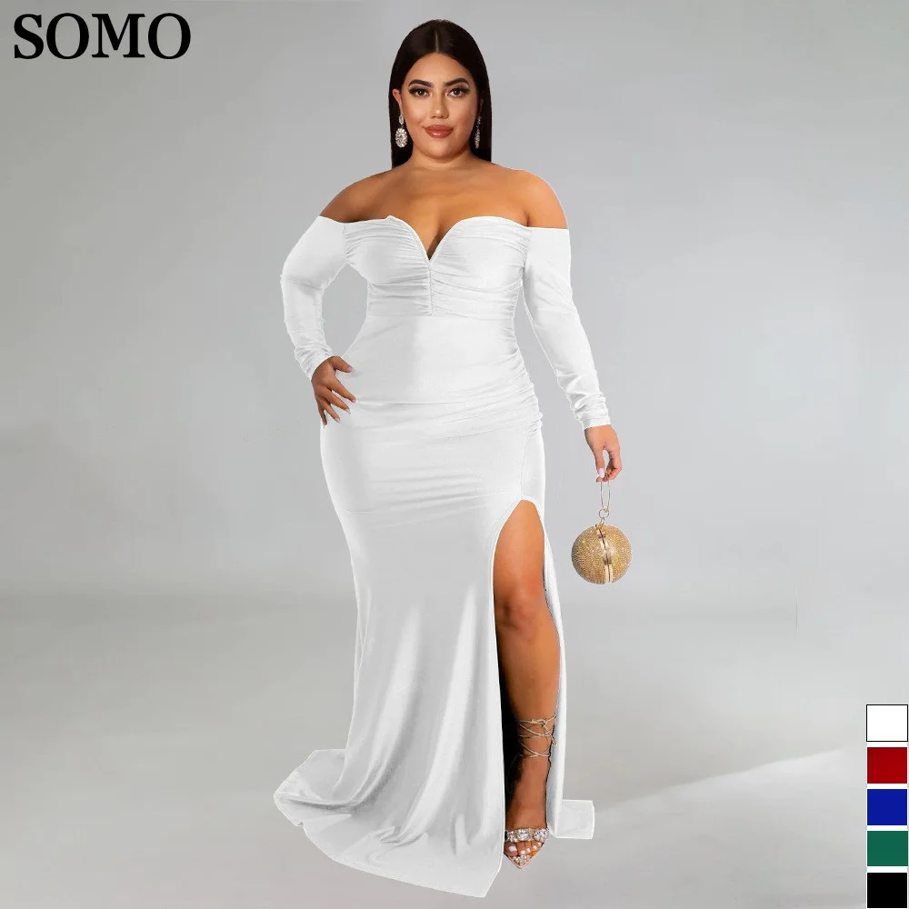 SOMO Plus Size Solid Sexy Off Shoulder Evening Dresses for Women 2022 Luxury Split Maxi Long Dress Wholesale Dropshipping