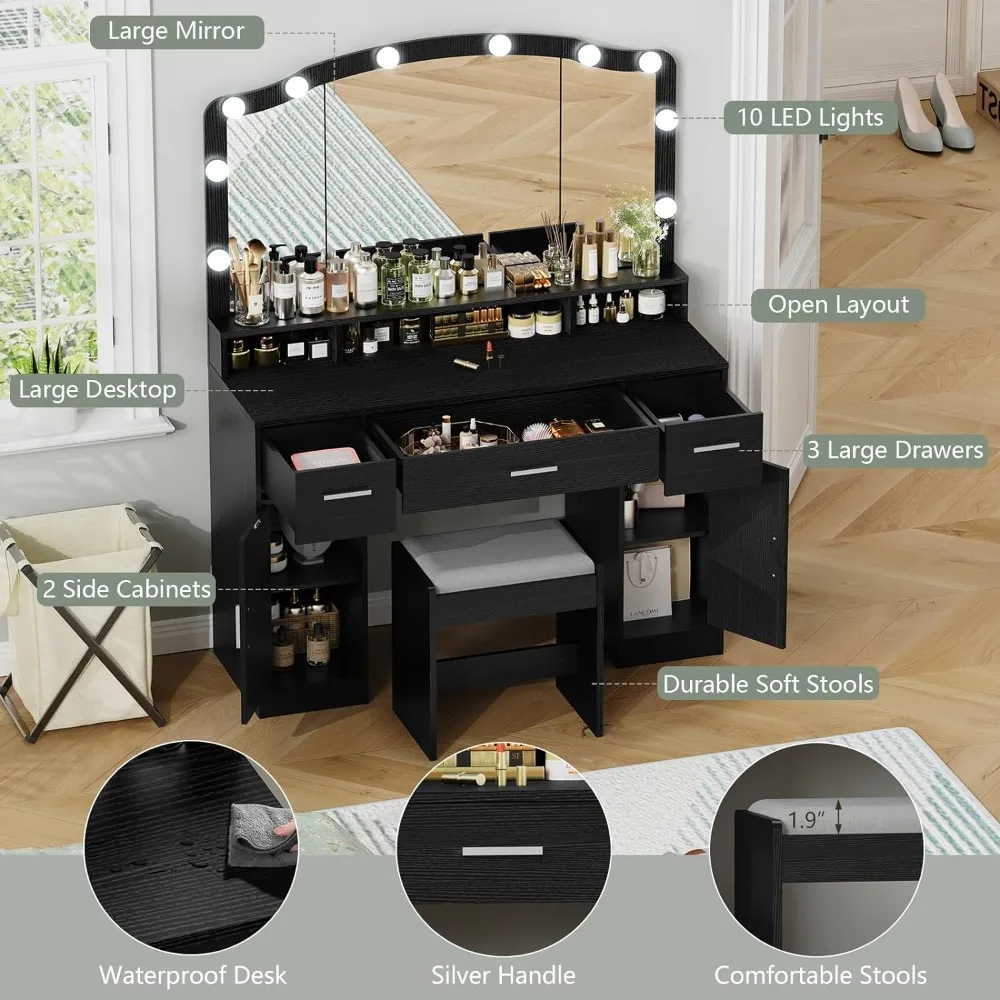 usikey Makeup Vanity with Lights, Vanity Desk, Makeup Vanity Table with 3 Drawers, 2 Cabinets & Long Storage Shelf