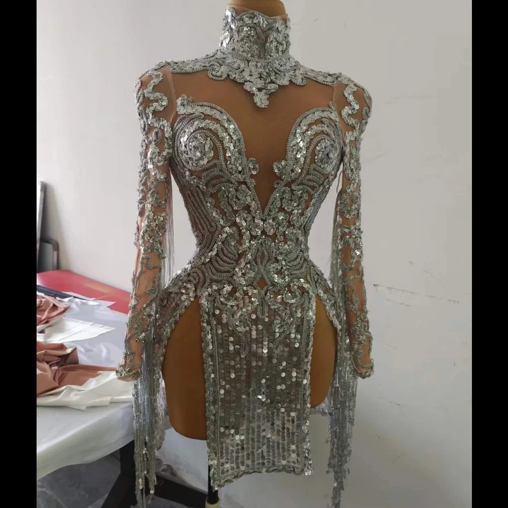 Vestido de malha com franja prateada brilhante para mulheres, lantejoulas transparentes, roupa de dança latina sexy, collant cantor, trajes de palco