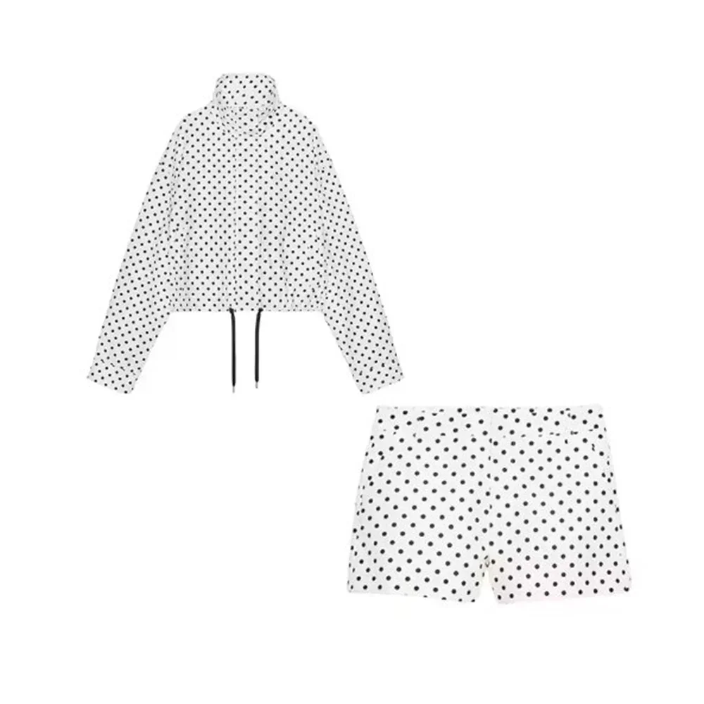 Ensemble Chic pour femmes, short imprimé à pois, manteaux, costumes pour femmes, ample, col haut, manches longues, fermeture éclair, cordon de serrage, nouvelle collection automne 2025