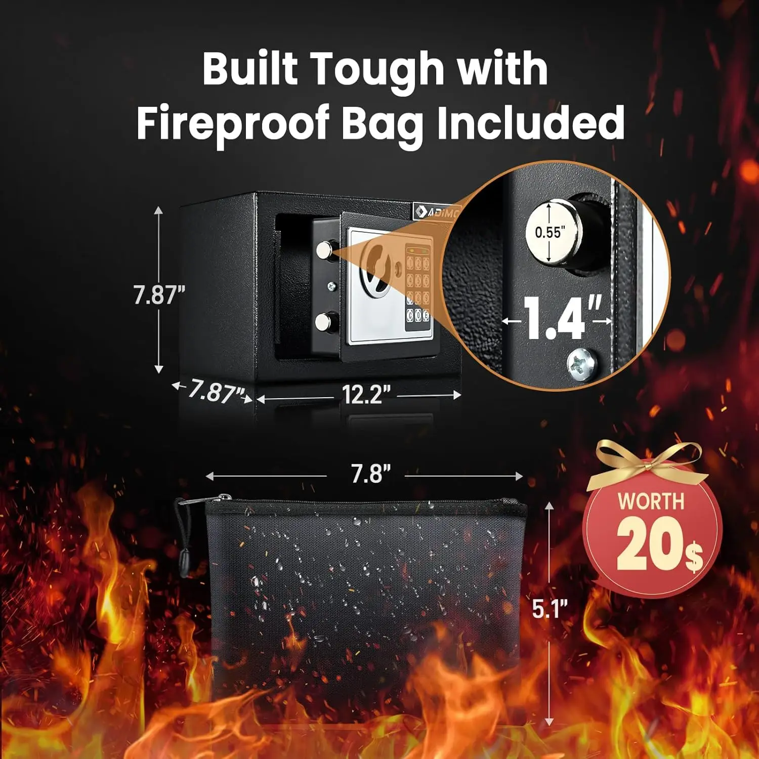 Fireproof Waterproof Safe Box with Keys & Code, Wall Mount Kit for Money Jewelry Documents - 0.5 Cubic Feet