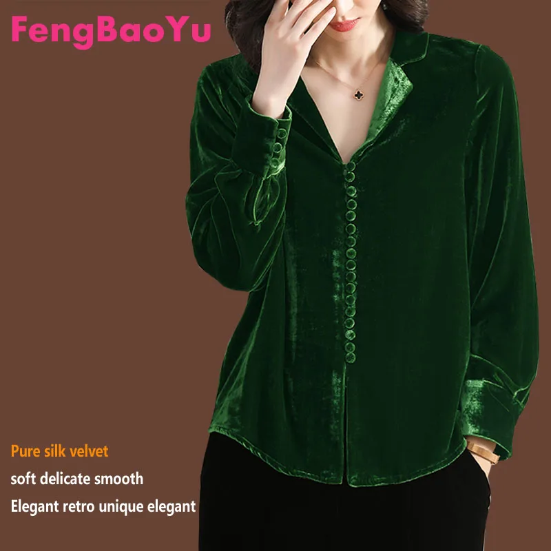 Fengbaoyu-Women's Silk Velvet Long-sleeved Shirt, Spring and Autumn Blouses, Fashi Clothes, Office Outfits，Light luxury Wear