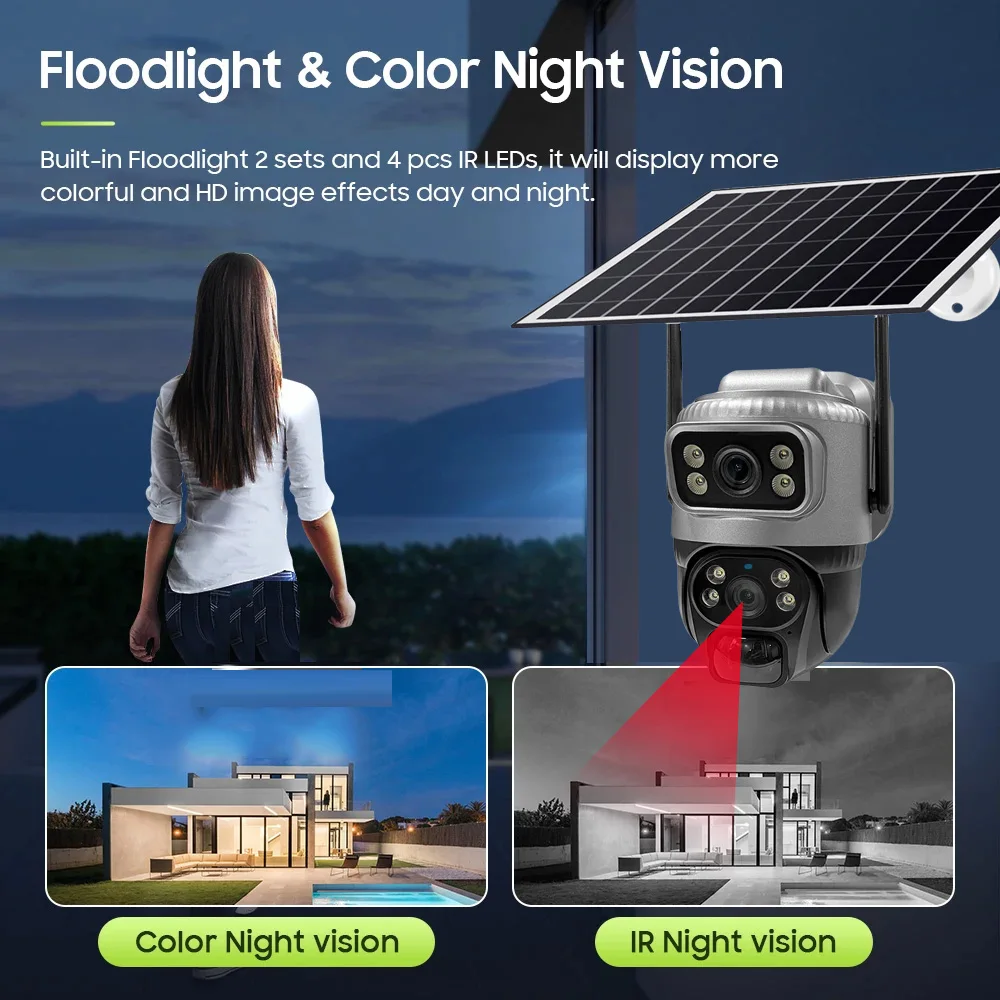 8MP 4K HD Solar WiFi Camera Outdoor Built-in Battery Dual Lens Night Vision Security Camera PIR Human Detection Surveillance Cam