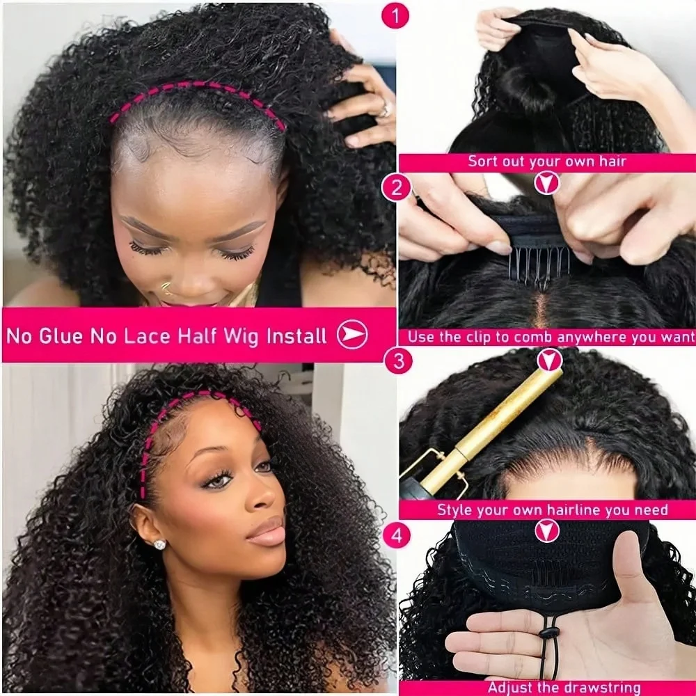 Jerry Curly Half Wig Human Hair Brazilian Deep Wave Curly Glueless Half Wig Human Hair 3 IN 1 Seamless Clip Ins Flip Over Drawstring Half Wig Glueless 200% Density for Women Ready to Wear On Clearance Sale Pre Plucked Wig Party Work Daily Life