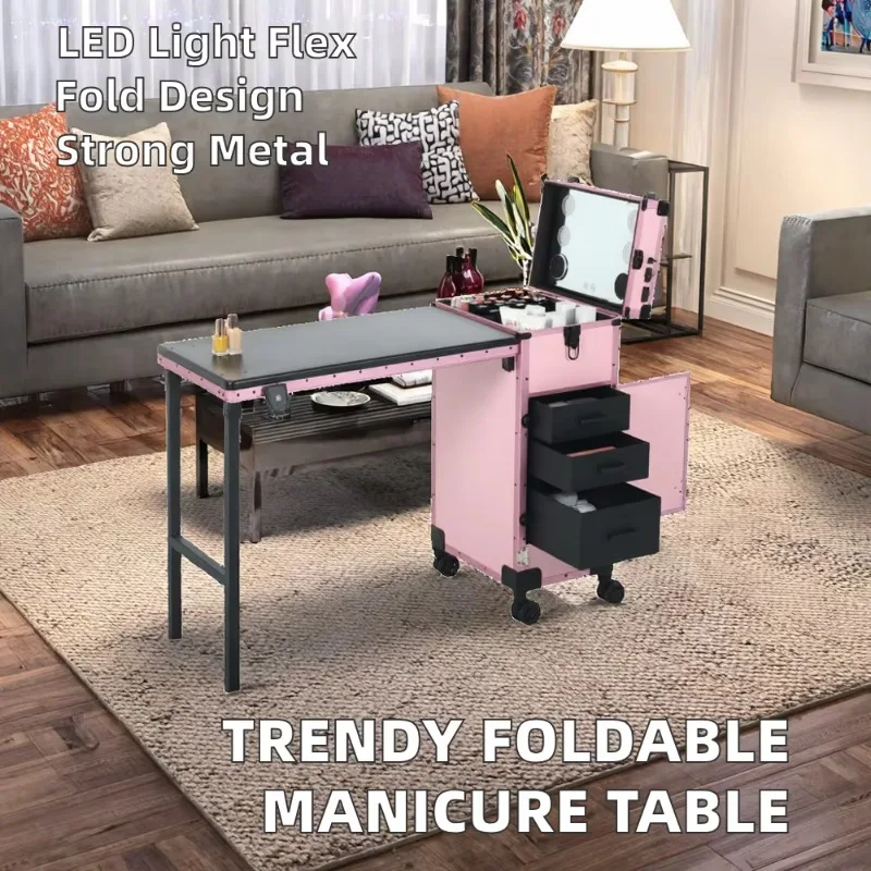 

Trolley Movable Nail Table with Lighted Mirror Changed Colors Manicure Desk with Drawer Makeup Case