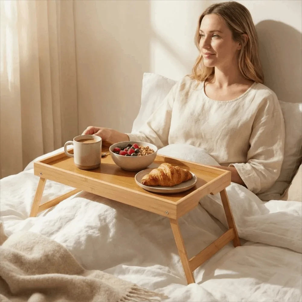 

Portable Natural Bamboo Folding Leg Breakfast Trays Concealed Handle Large Capacity Desk Snack Tray Rectangular Tea Tray Bedroom