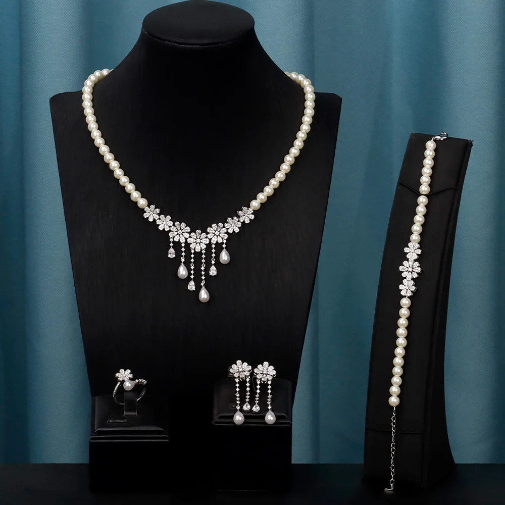 BrideTalk Trendy Pearl Tassel 40cm Necklace  4PCS Jewelry Set For Women Wedding Party Full Zircon Dubai Bridal Jewelry Set Gift