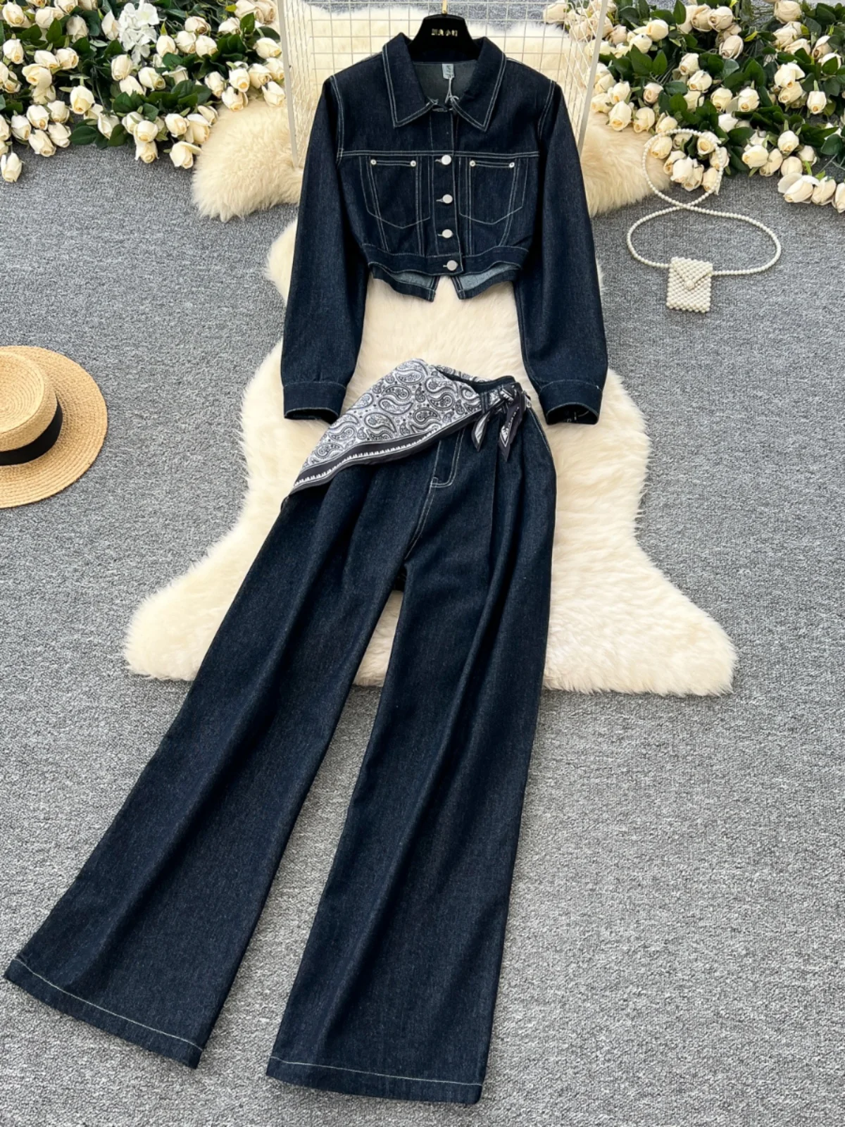 

Faionable Retro Hong Kong Sle Women's Denim Jaet And High Waist Wide Leg Pants ort Length Two Piece Set