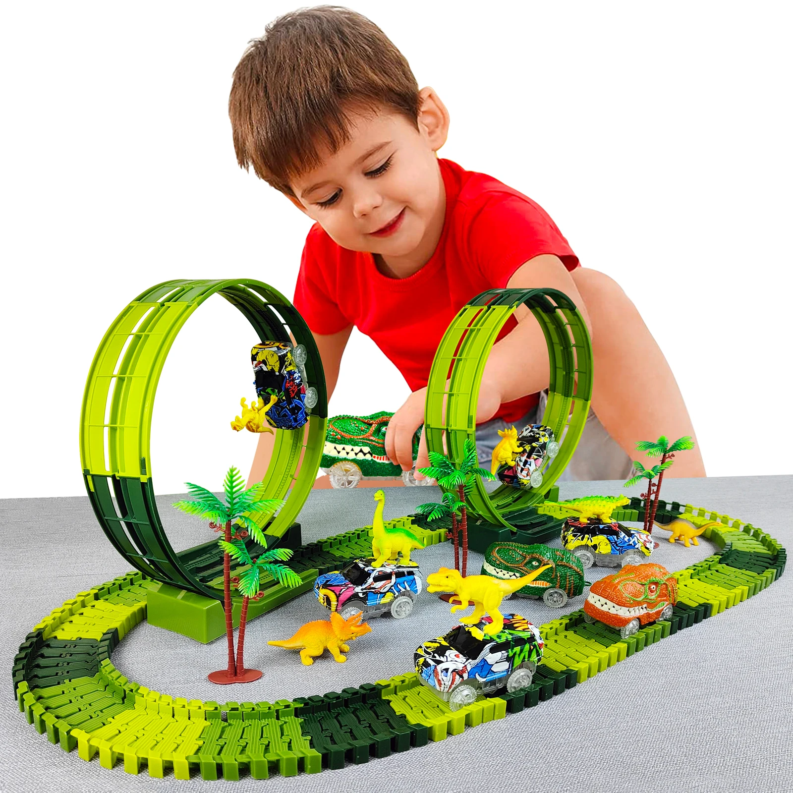 

Magic Climbing electric dinosaur car Track Railway Toy Car Set Bend Flexible Race Track Flash Light Car High Quality Toy For Kid