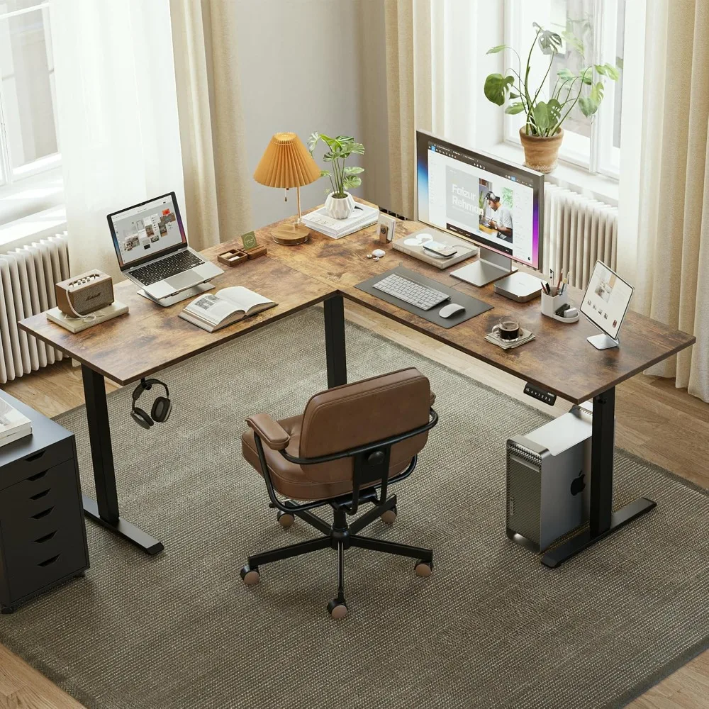 L Shaped Electric Standing Desk 63x55 Inch Rustic Brown Corner Computer Desk