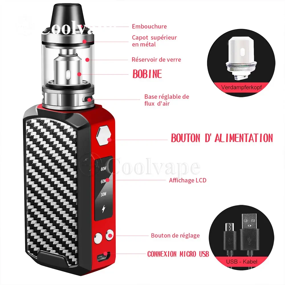 WolfCoolVape 80W E Cigarettes Kit | Mech Box Mod Vaporizer 2200mAh Vaping 2.5ml Tank