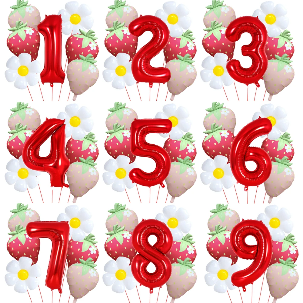 Erdbeer-Party-Dekoration Rote Zahlen 1-9 Folien-Geburtstagsballon-Set Erdbeer-Girlande für Mädchen Süße Erste Geburtstags-Deko – Detail 13