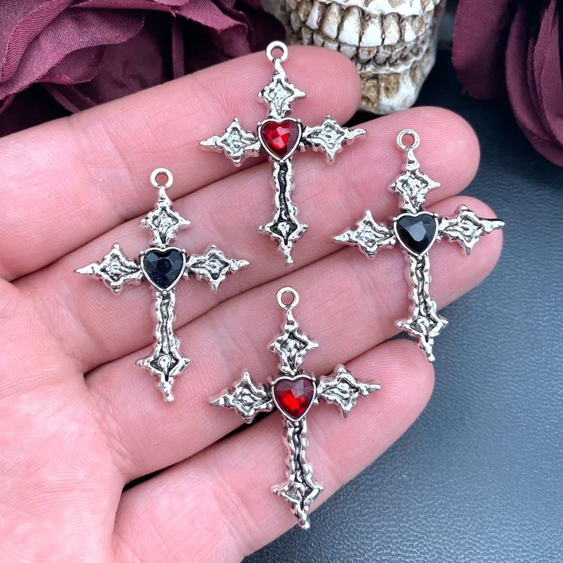 6pcs 38*28mm Punk Heart Cross Charm Goth Red Crystal Cross Pendant Designer Charms Fit Jewelry Making DIY Jewelry Findings