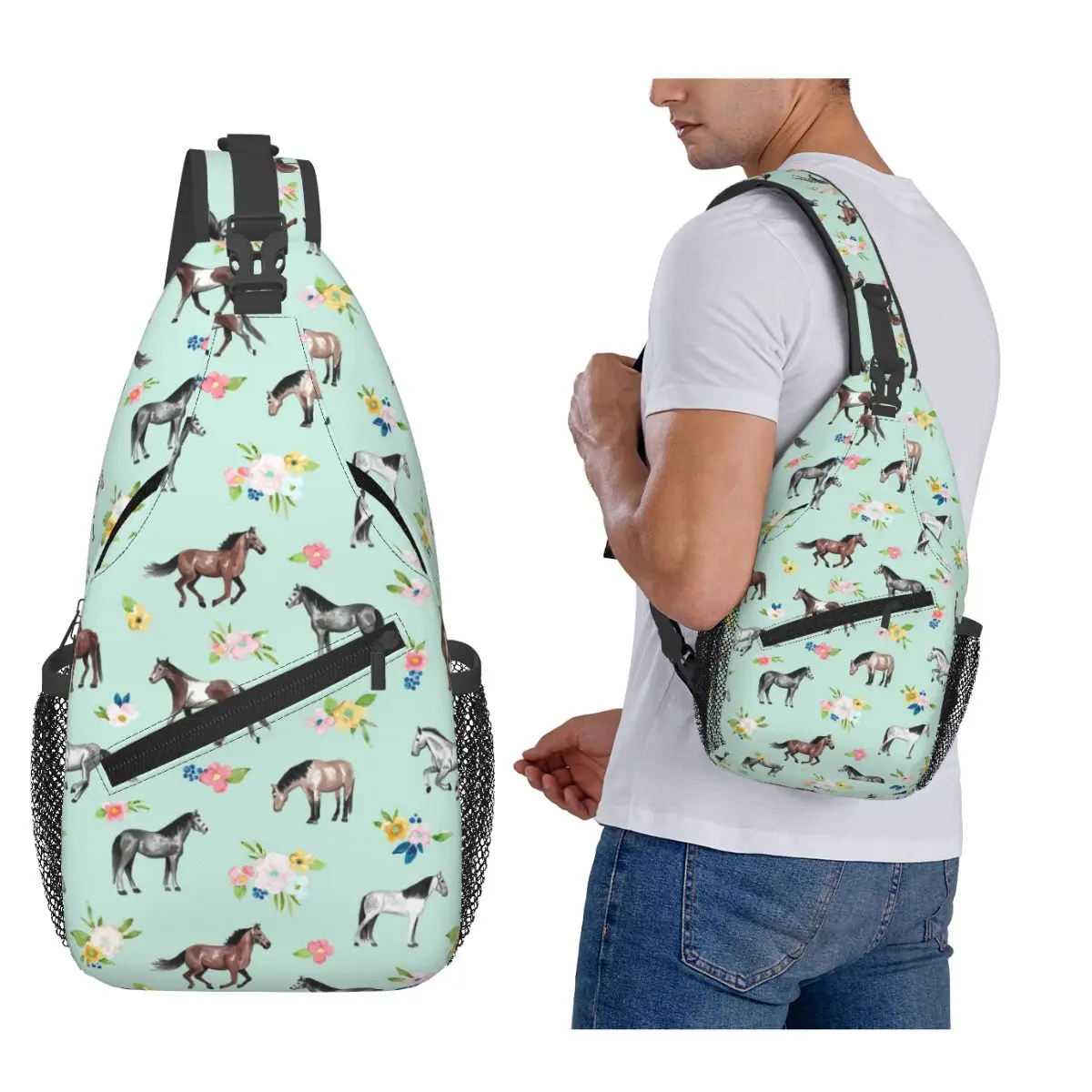 

Лошади и цветы, мятно-синяя нагрудная сумка, мужской рюкзак через плечо на слинге, нагрудная сумка, дорожный походный рюкзак, сумка на плечо
