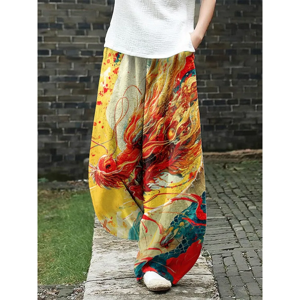 Feminino retro japonês guindaste impressão calças de perna larga boho solto calças casuais única moda artística calças compridas para mulher