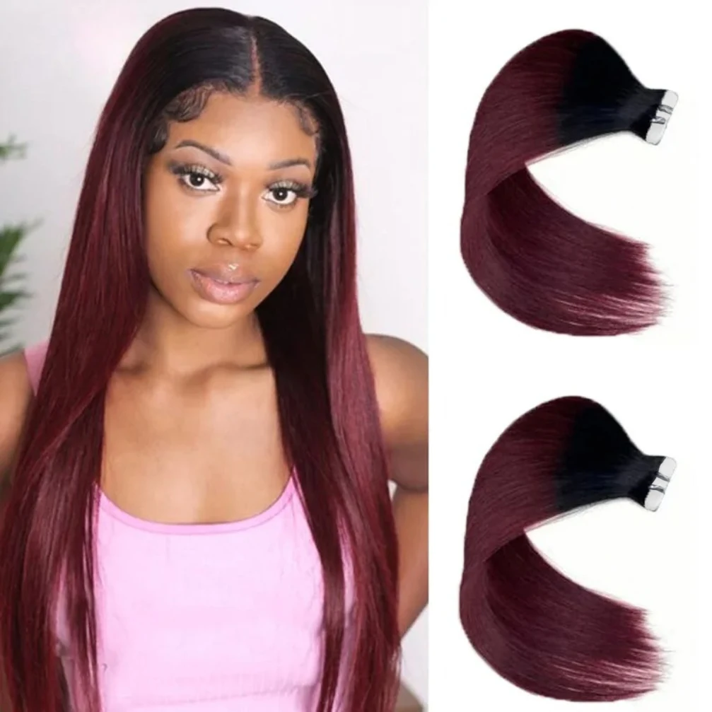 

1B/99J Цветная лента для наращивания волос для женщин, прямые человеческие волосы Remy, прямые волосы для наращивания, бордовый