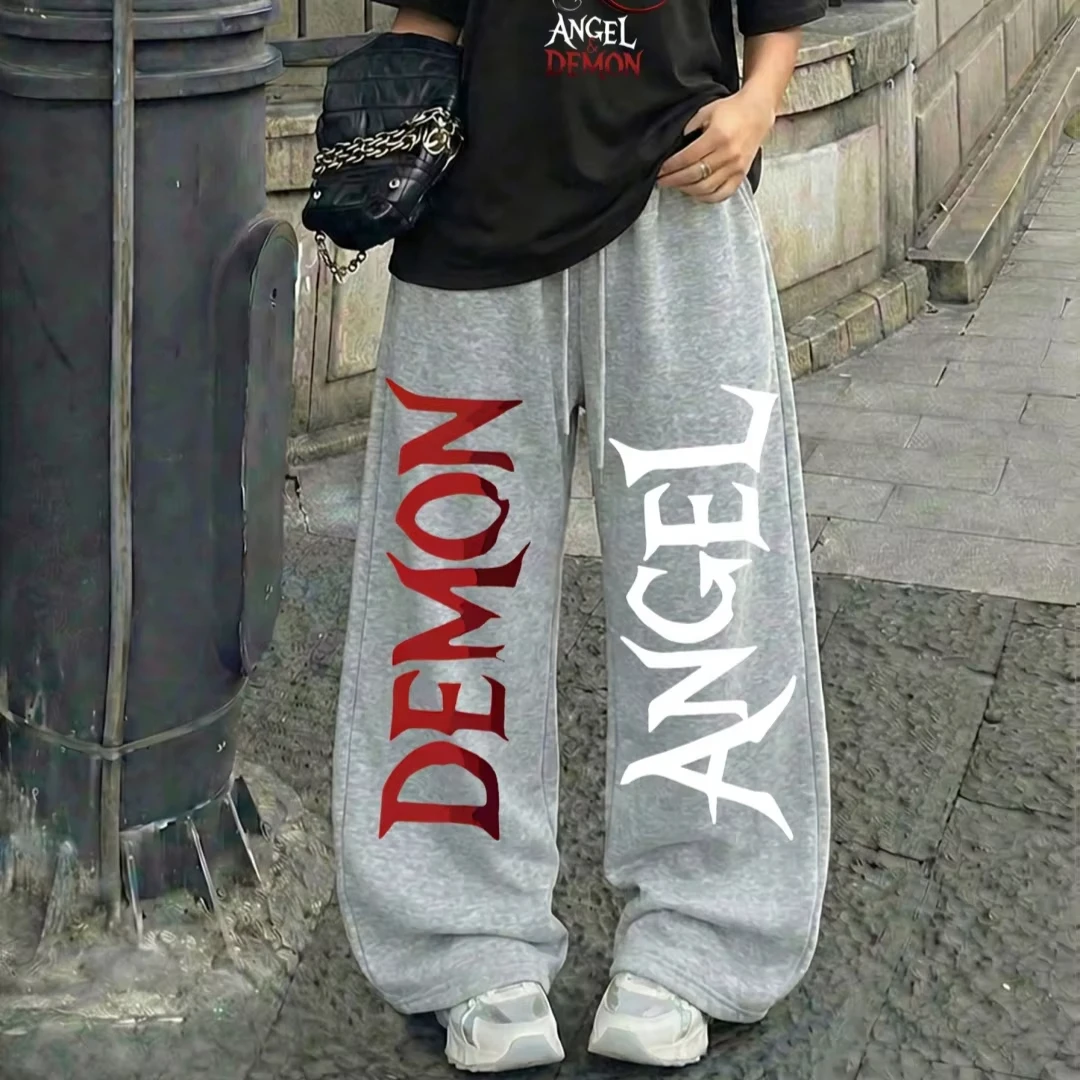 2026 New Arrival Casual Street Style Angel and Devil Print Round Loose Drawstring Pants, Fashionable Women's Trousers Suitable