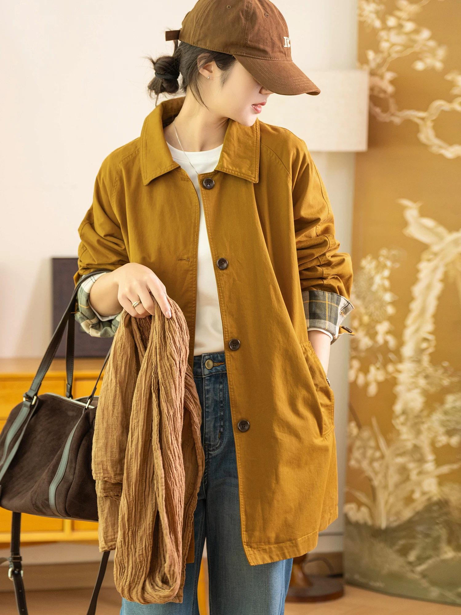 

Slimming Plaid Sleeve Patchwork Button down Cotton Coat Elegant Style Women's Loose Fit Long Sleeve Midi Coat by XiaoEr Produ...