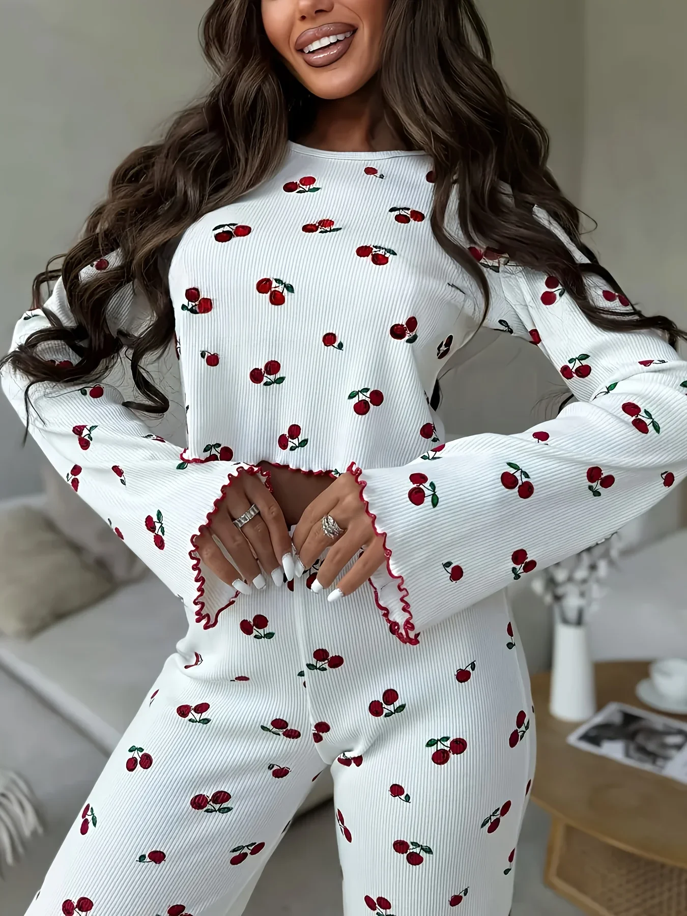

Autumn Winter Pajama Set Women 2pcs Y2K-Style Cherry Print Cuffed-Long-Sleeve Tops and Long Trousers Sleepwear Homewear
