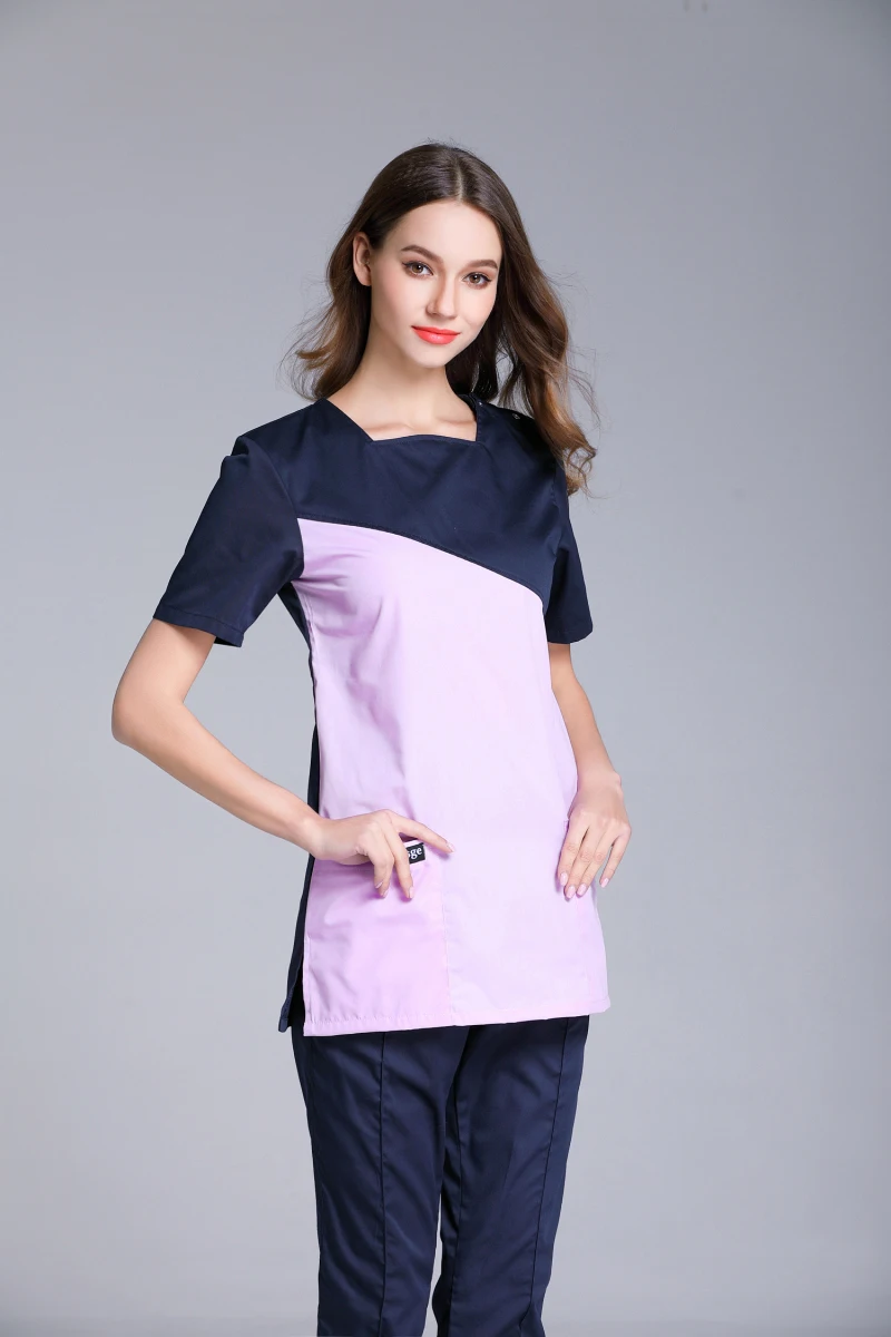 Summer Women's Short Sleeve Shoulder Openable U Shape Neck Medical Scrub Clothes Sets Spa Salon Beauty Working Uniform Blue