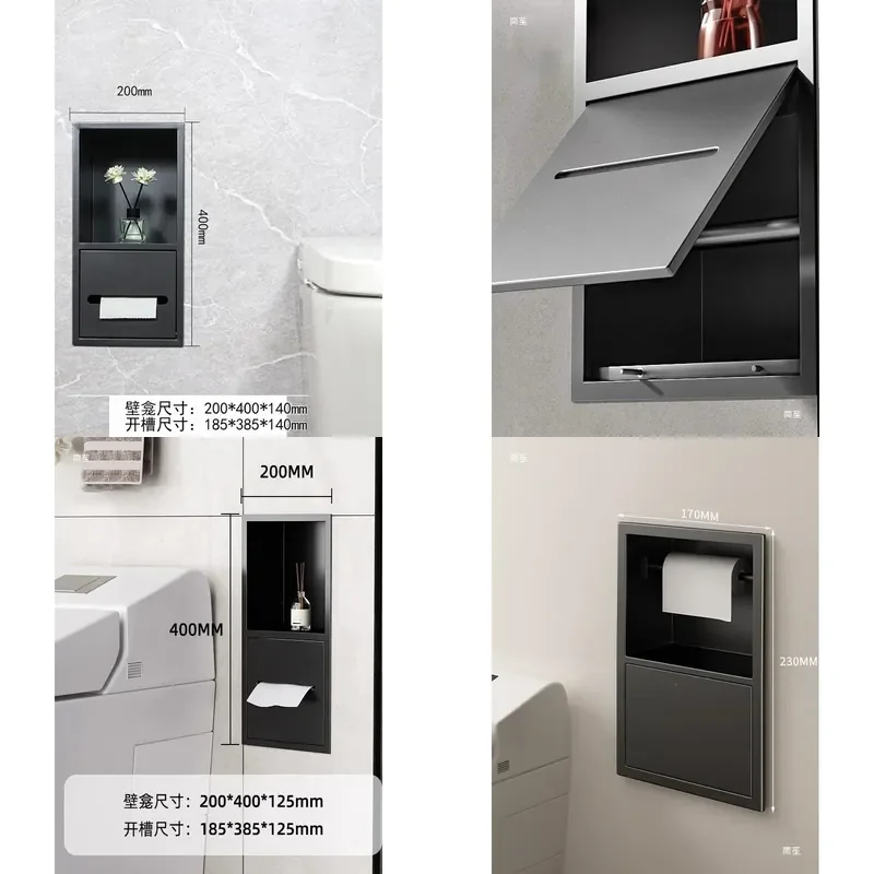 For Bathroom Stainless Steel Embedded Trash Can Concealed Tissue Box Metal Shelf Toilet Side Storage Cabinet Waterproof