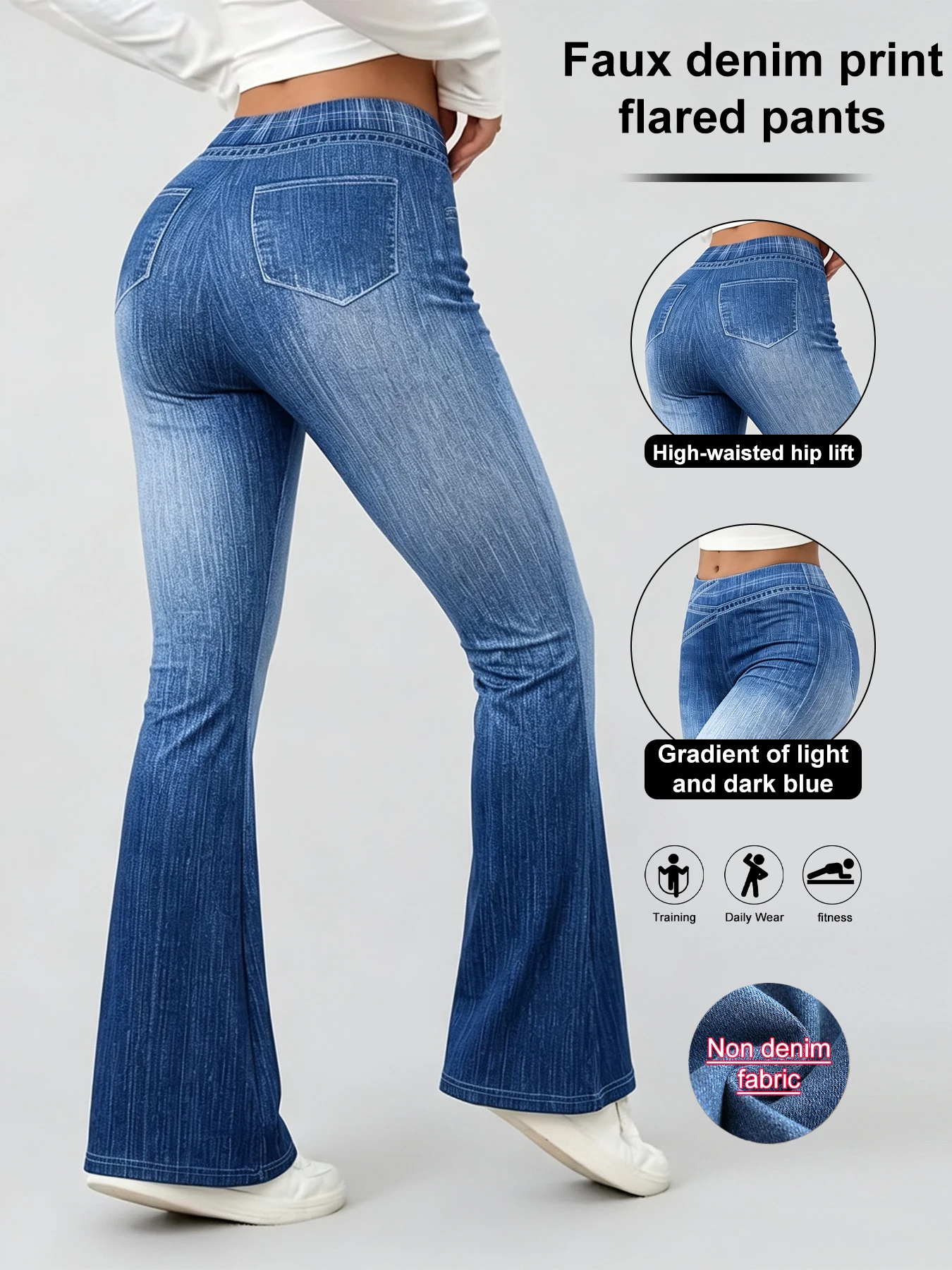 Women's High Waisted Denim Print Stripe Flare Pants, Slim Fit Stretch Leggings Spring Yoga Gym Workout Fitness Casual Daily Wear