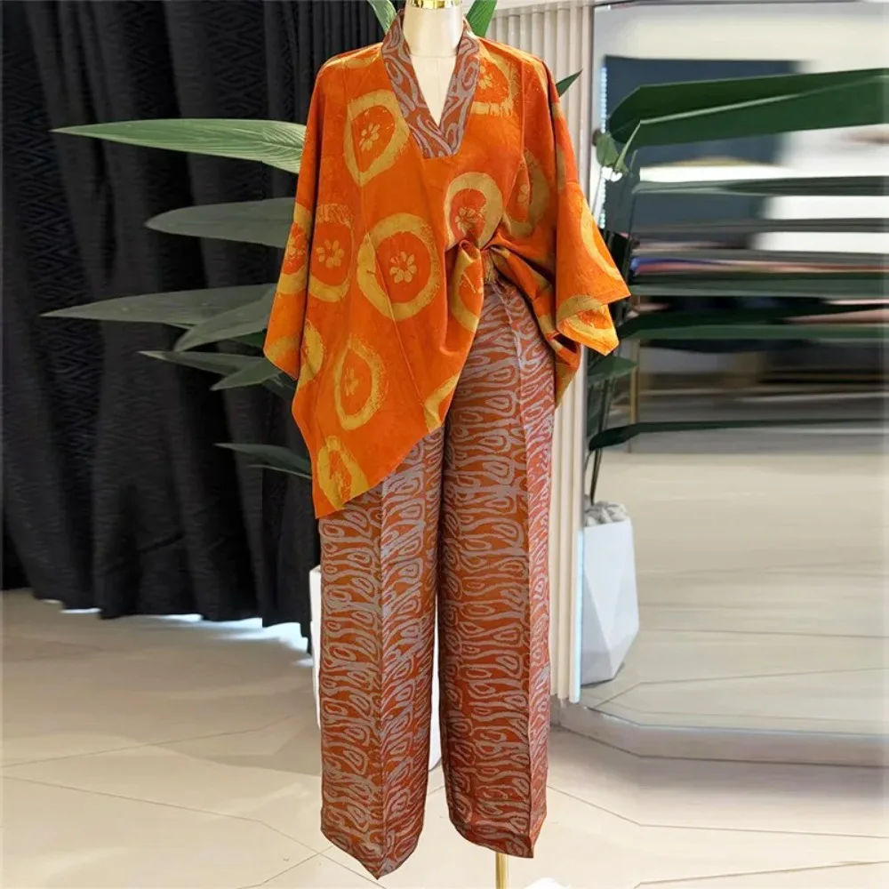 Women Casual Y2k Streetwear Two Piece Pant Set 2026 V Neck Bat Sleeve Print Tops Elastic Waist Loose Wide Leg Long Pants