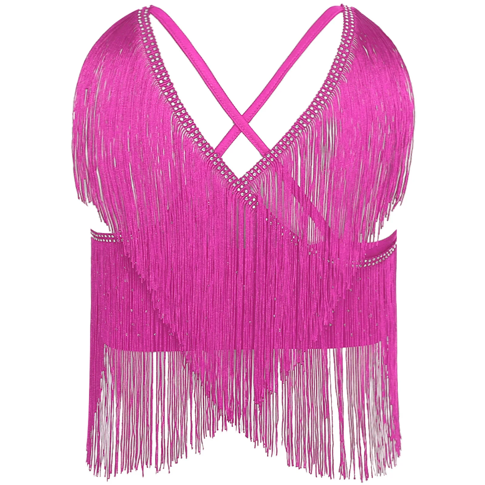 レディース ラテン チャチャ ダンス パフォーマンス コンペティション コスチューム V ネック ノースリーブ クロス バック フリンジ クロップ トップ サルサ ルンバ サンバ