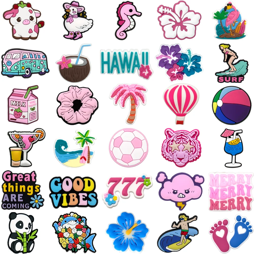 1-30PCS Pink Hawaiian Shoe Charms Accessories,Flower Summer Style Pins for Sandal Decoration,Animal Football Clogs Buckles