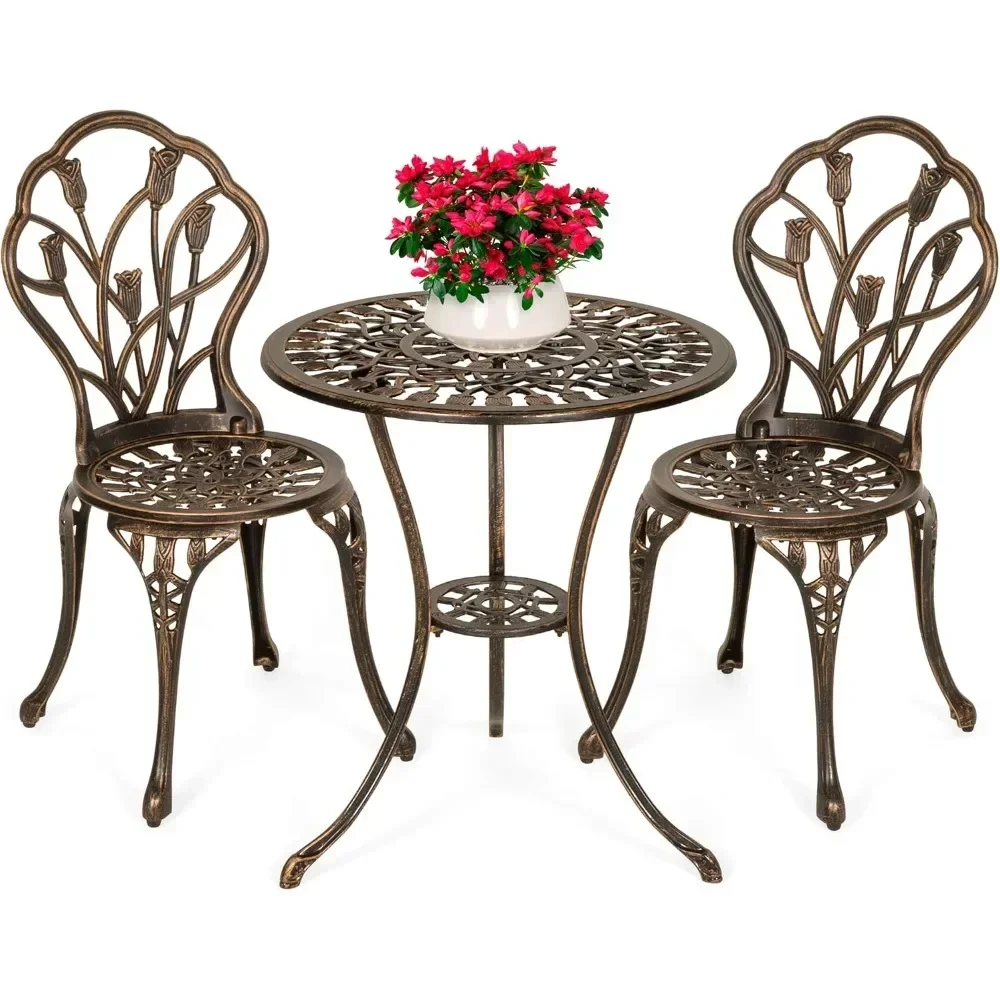 Outdoor Rust-Resistant Cast Aluminum Patio Bistro Set w/Tulip Design, Antique