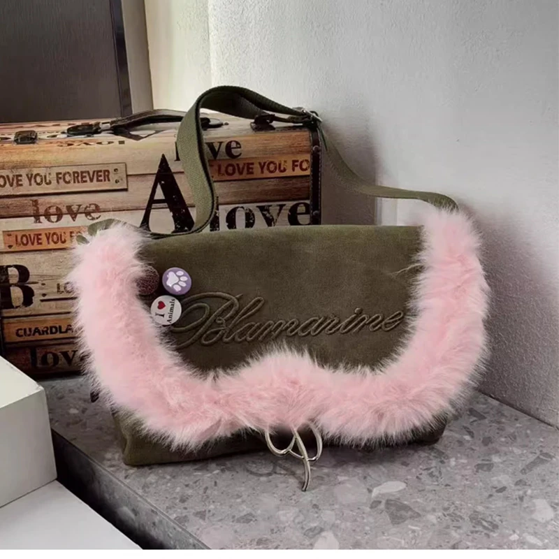 2026 Spring New Plush Bag, Women's Embroidered Letter Shoulder Bag, Large Capacity Diagonal Cross Bag, Hairy Splicing Trendy Bag