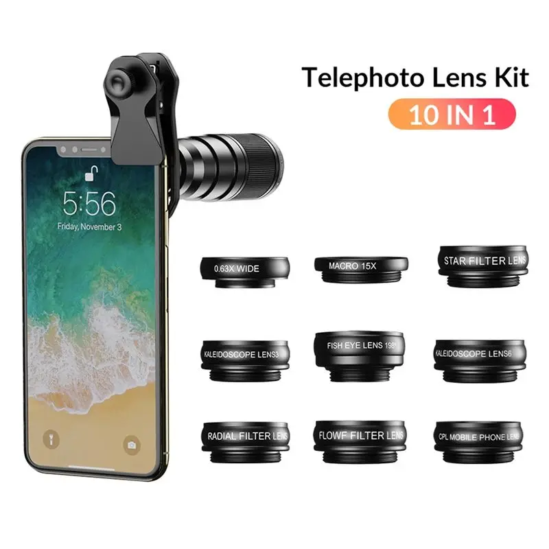 A29F-10 In 1 Mobile Phone Lens Kit 22X Telephoto Lens Fisheye Lens+Wide Angle Macro Lens+CPL Filters For All Smartphones