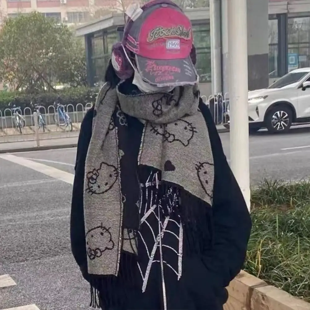 Szalik Y2K Hello Kitty Sanrio, pluszowy, dwustronny, anime kawaii, ciepły, gruby, słodki, idealny na zimę, prezent dla uczennic na festiwal.