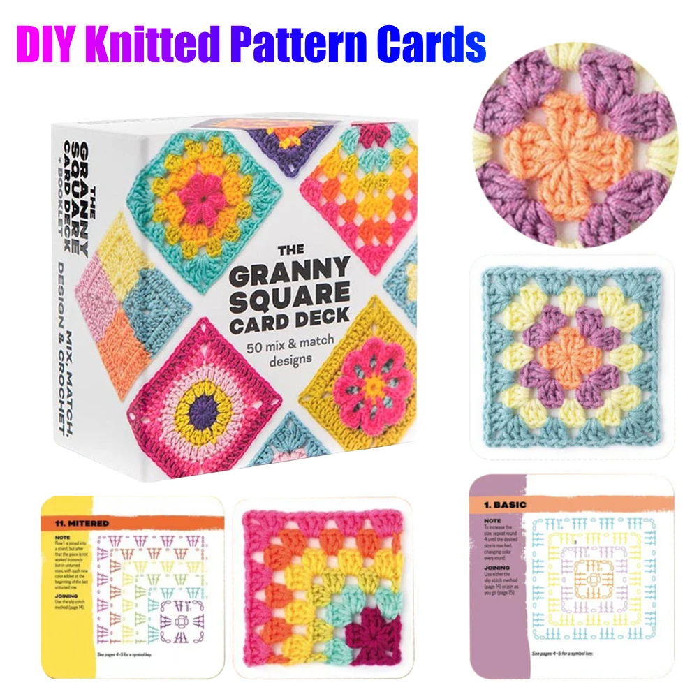 Juego de 50 tarjetas de ganchillo con diseños de mezcla y combinación, juego de tarjetas con patrón de punto DIY, baraja de cartas cuadrada de abuela para principiantes, Kit de tejer
