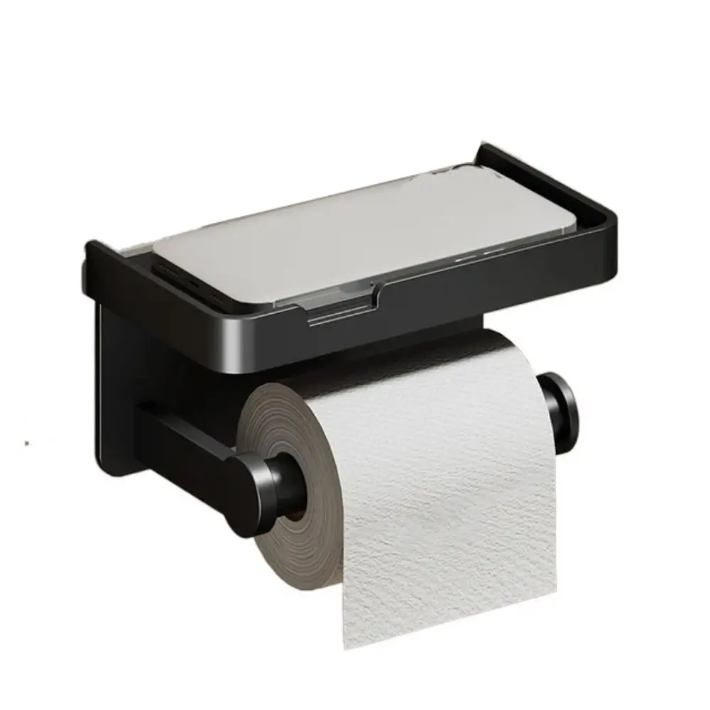 

Aluminum Alloy Toilet Paper Holder Wall-Mounted Rustproof Tissue Rack Phone Storage Tray No Drilling Dual Roll Dispenser House