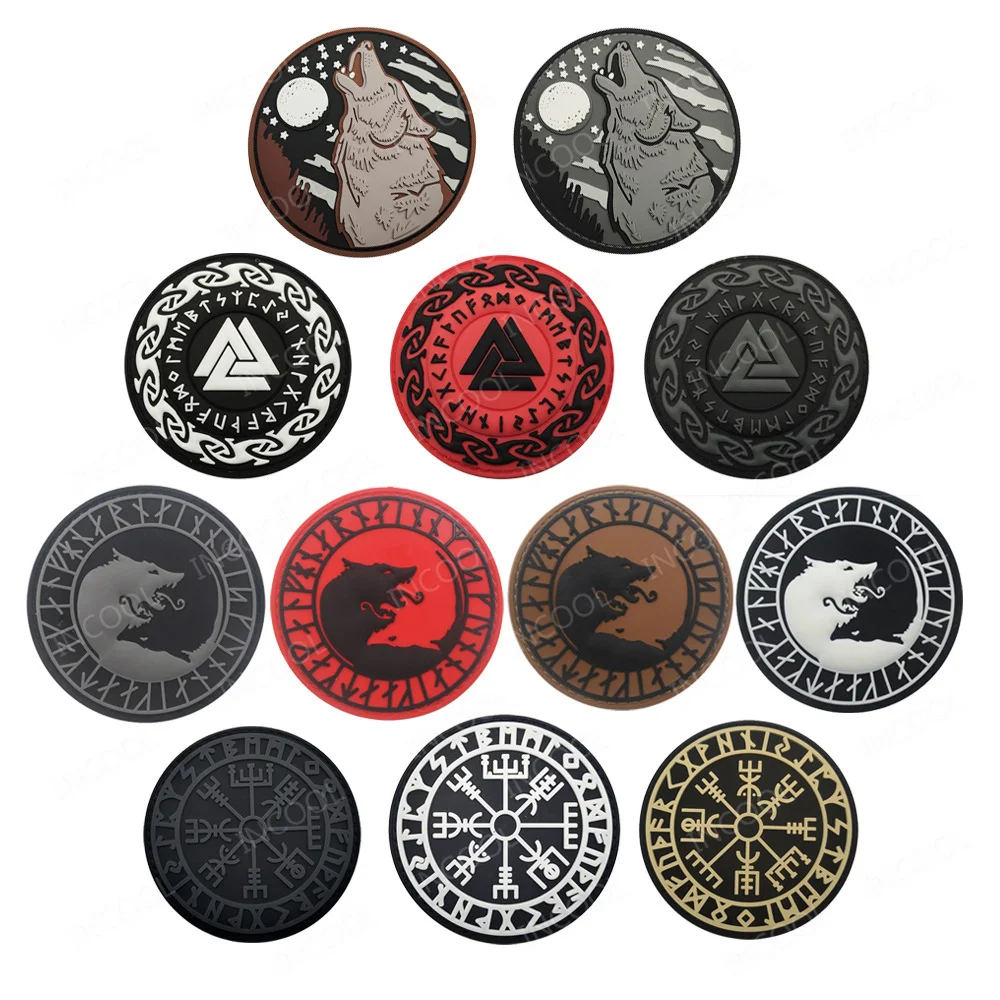 Viking Wolf PVC Patch Northern Europe Compass 3D Rubber Glow In Dark Patches Round Badge Valhalla Norse Rune Appliques Hook Back