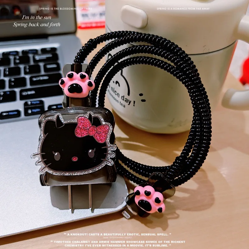 كارتون مرحبا كيتي شاحن كابل بيانات حامي ومجموعة لف ل 20 واط شاحن سريع محول شاحن الهاتف ﻿