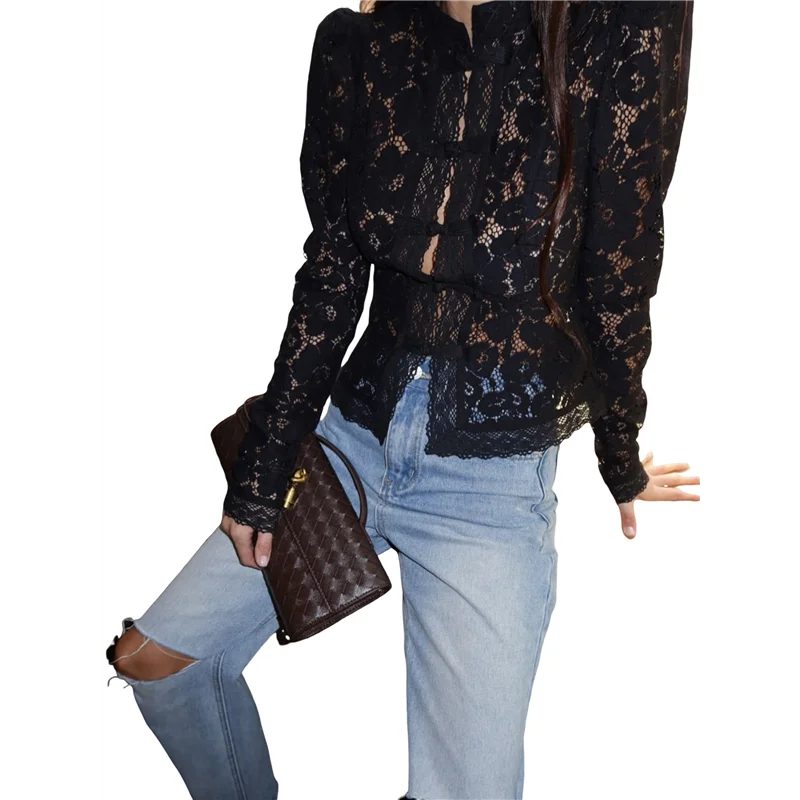 

AG-Women's Temperament Commuter Lace Crochet Stand Collar Slim Design Shirt Long Sleeve Button Shirt Tops