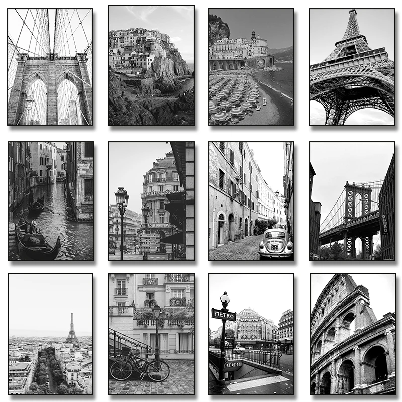 Black White City New York Italy Venice London Paris Eiffel Tower Photography Art Posters Canvas Painting Home Decor Mural
